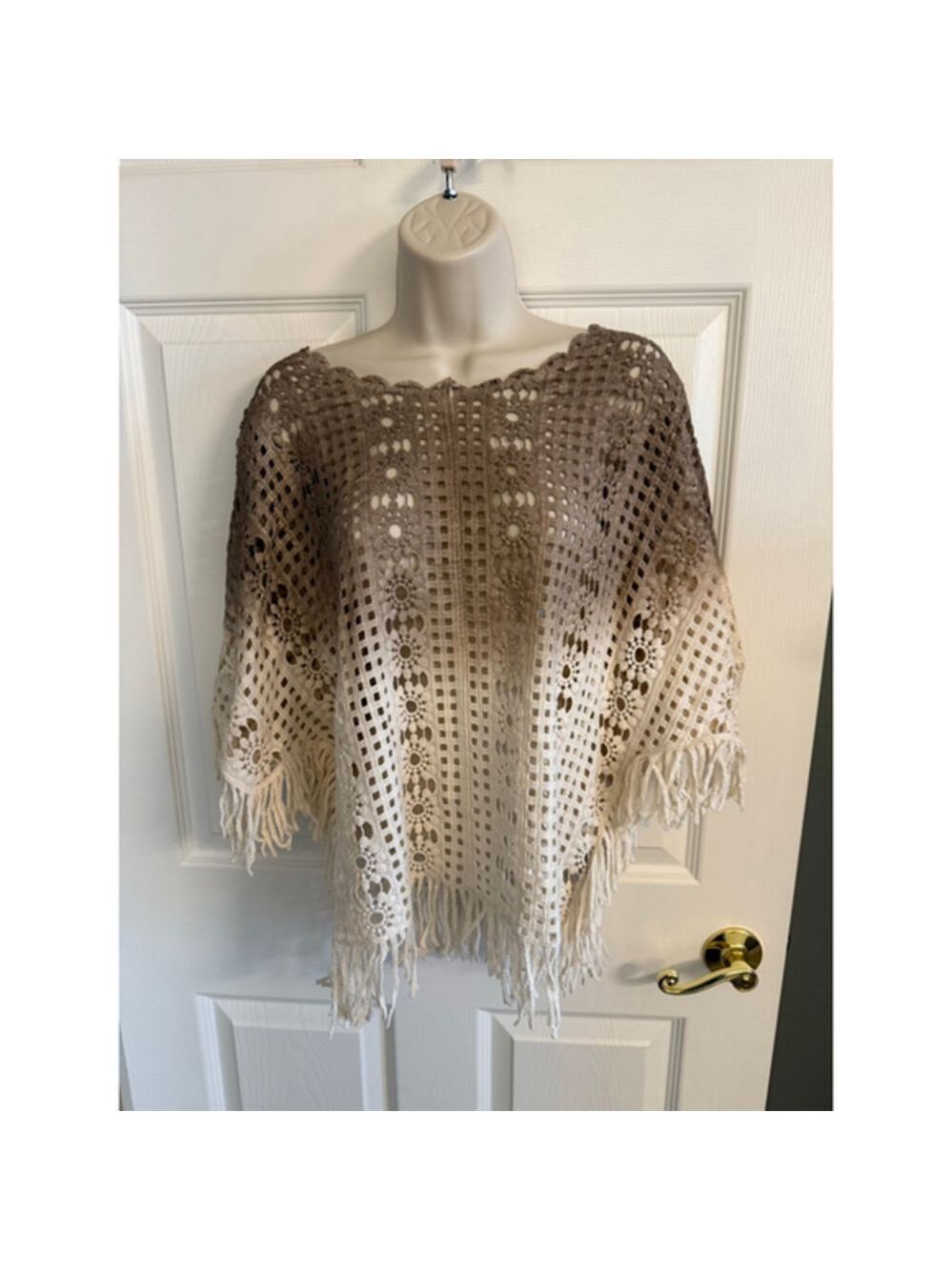 Haute Hippie Tan/Cream Ombre Crochet Poncho One Size with fringe details